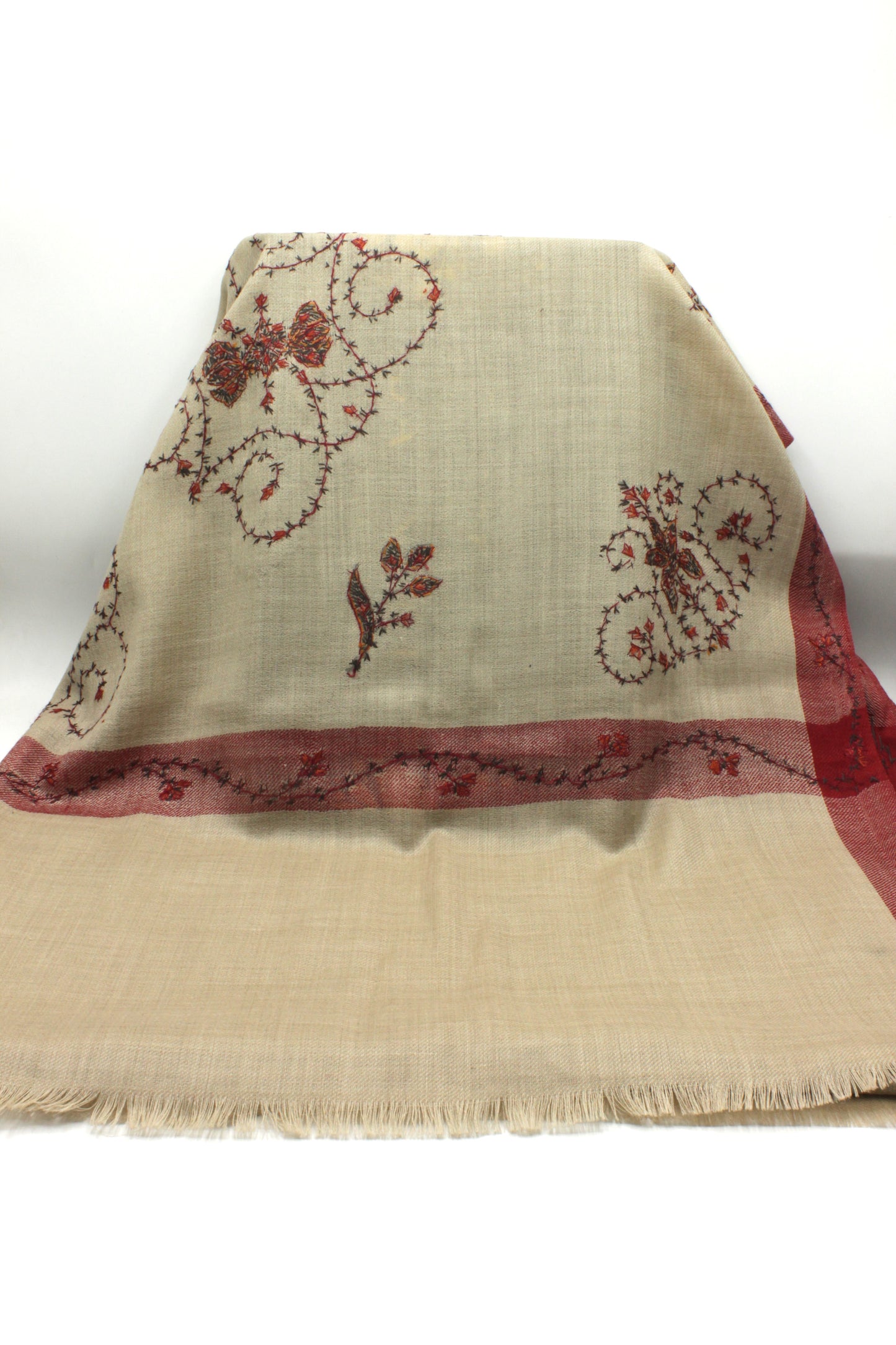 Premium Quality Beige with Red Embroidery Pashmina Cashmere Shawl