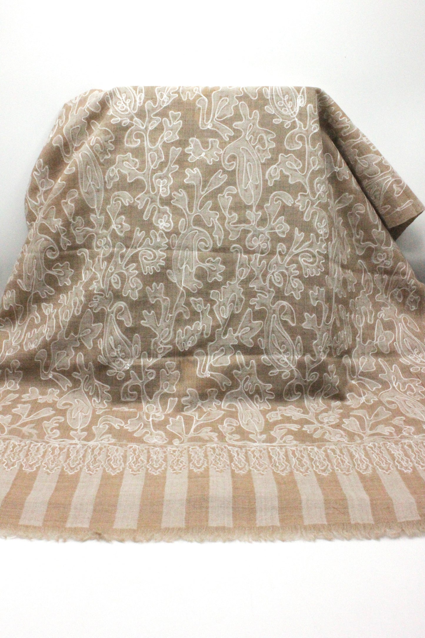 PREMIUM QUALITY BEIGE WITH OFF WHITE EMBROIDERED PASHMINA CASHMERE SHAWL