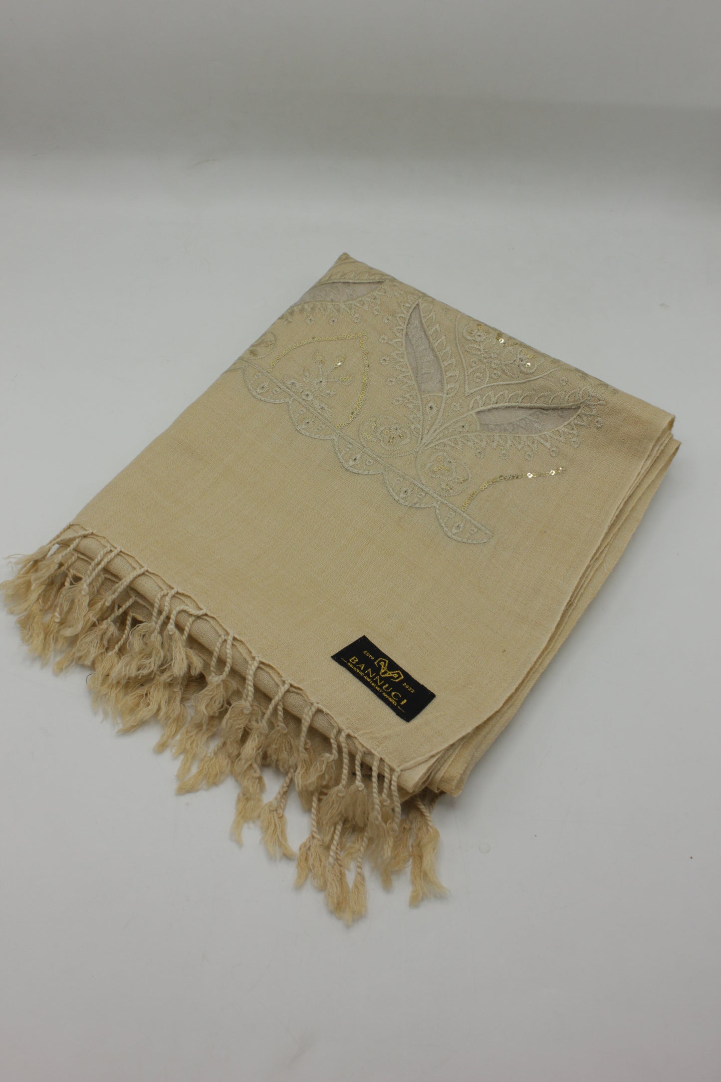 PREMIUM QUALITY PALE CAMEL EMBROIDERED WOOLEN SHAWL FOR WOMEN