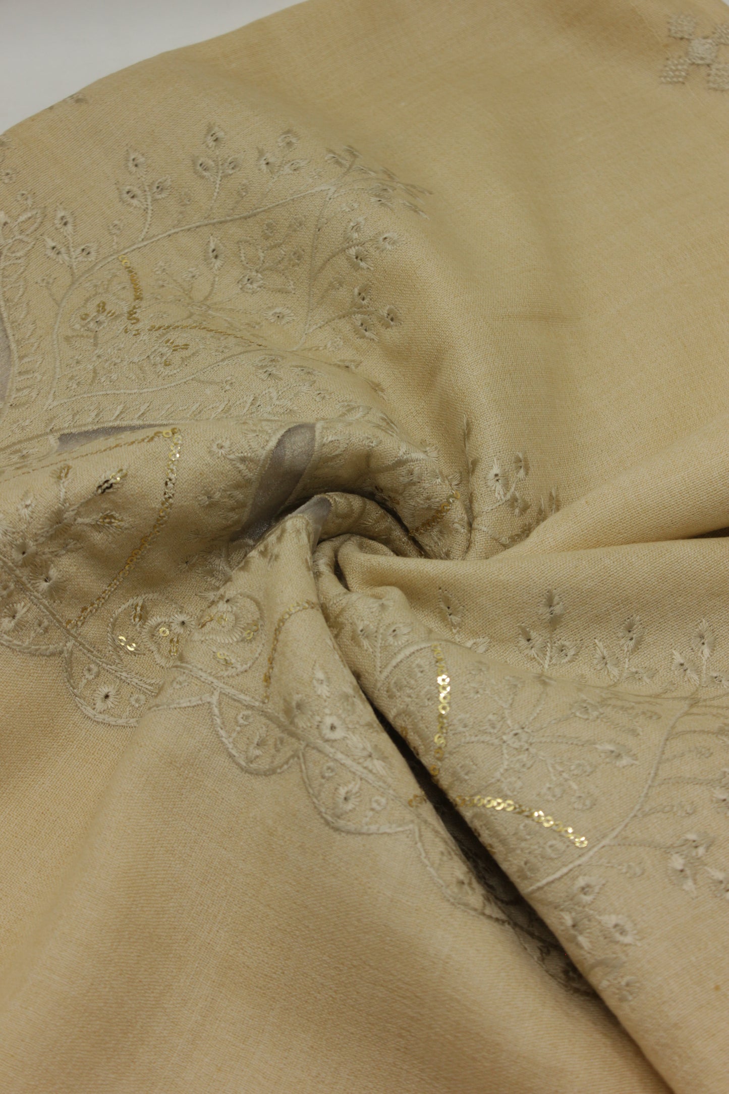 PREMIUM QUALITY PALE CAMEL EMBROIDERED WOOLEN SHAWL FOR WOMEN